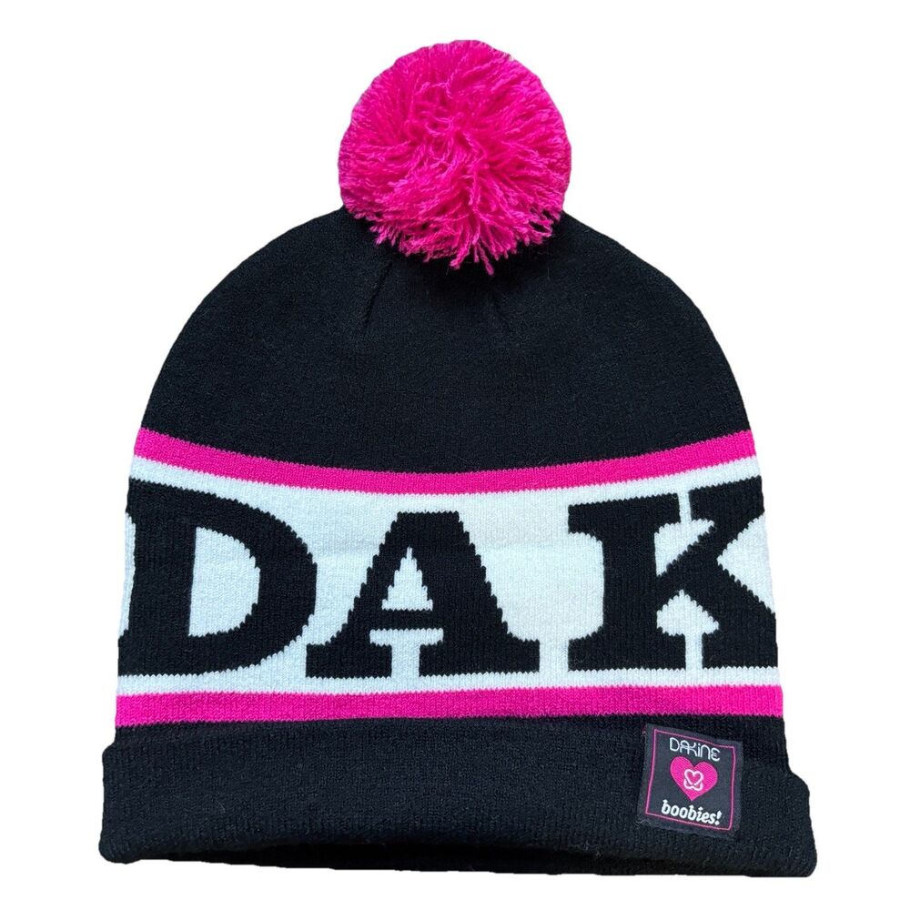 Dakine Boobies Beanie Hat Black Pink Pom Knit Cap One Size Breast Cancer